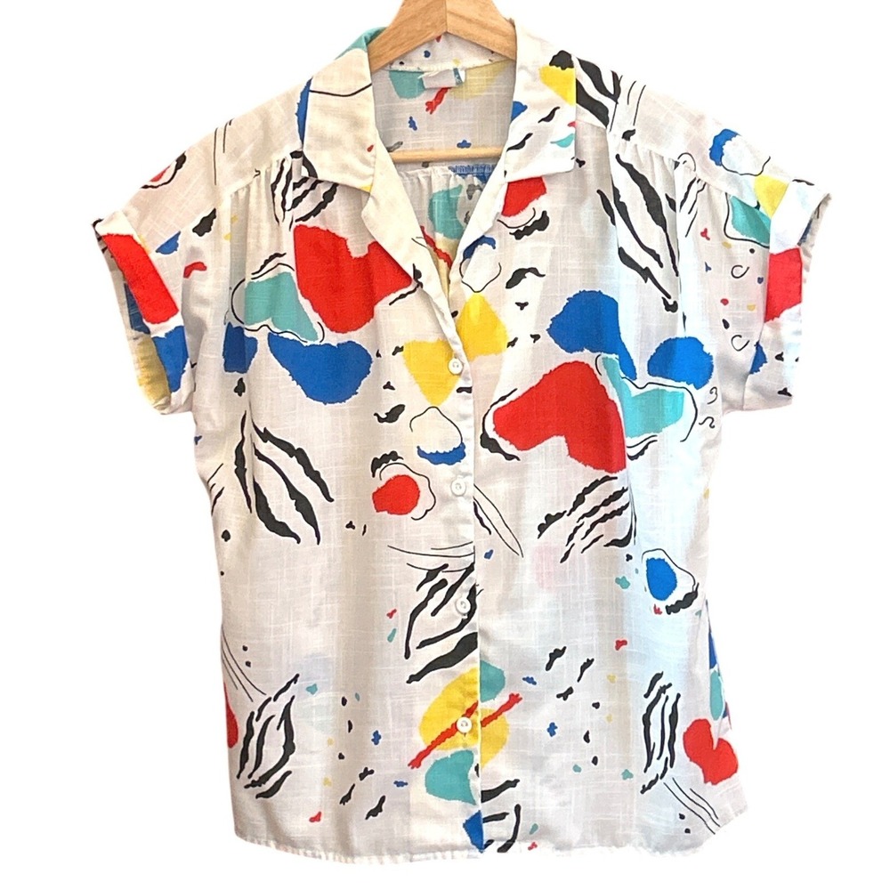 Vintage 80s Abstract Art Blouse Memphis Style Painterly Button Shirt Chic